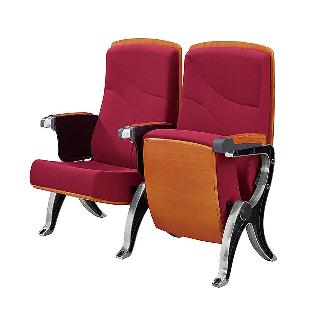 Ghế hội trường giá rẻ, có bàn viết, đệm mút bọc nỉ xanh, tay vịn ốp gỗ HJ818-A