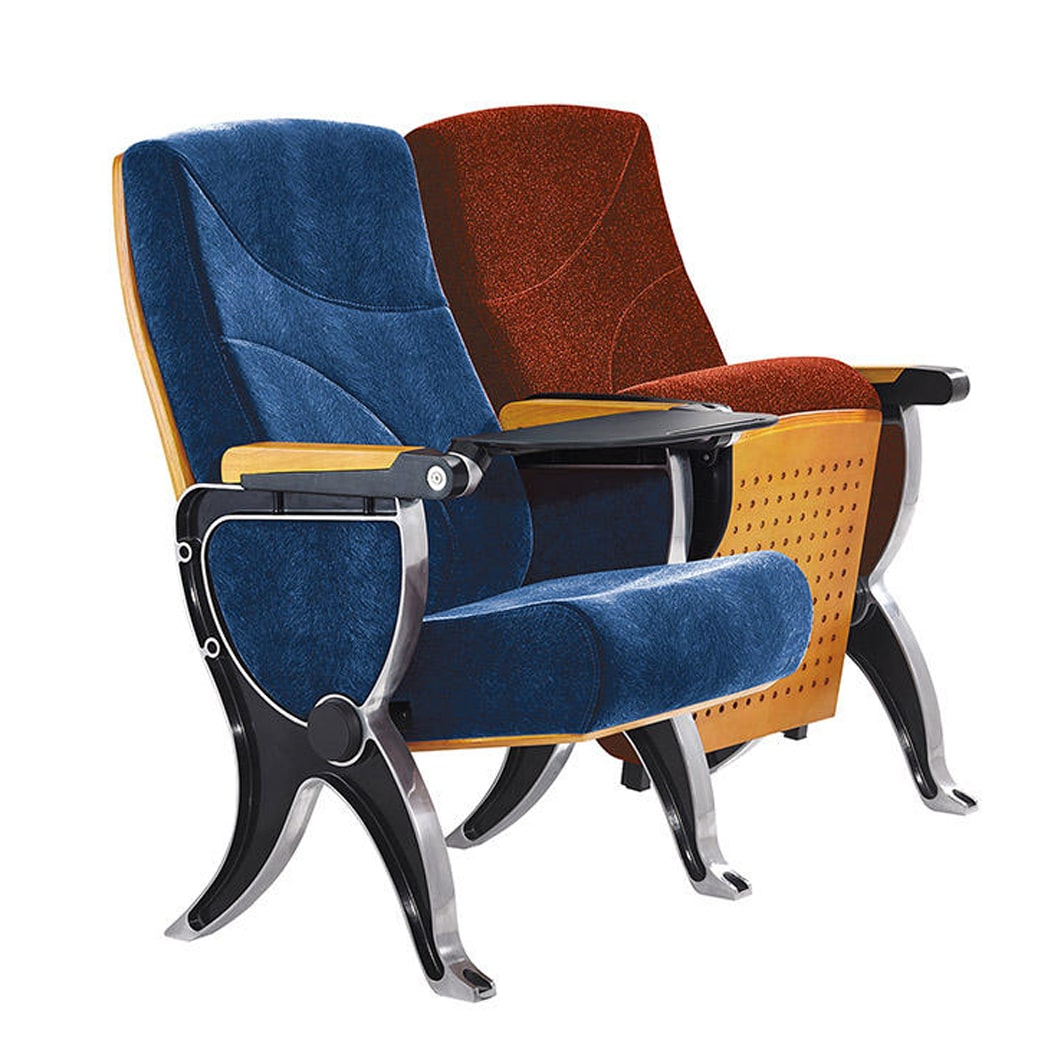 Ghế hội trường giá rẻ, có bàn viết, đệm mút bọc nỉ xanh, tay vịn ốp gỗ HJ818-A