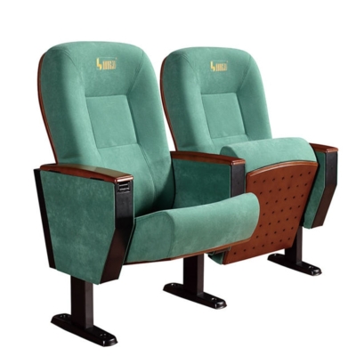 Ghế hội trường nhập khẩu bọc nỉ, chân thép bám sàn, tay vịn ốp gỗ bền đẹp
