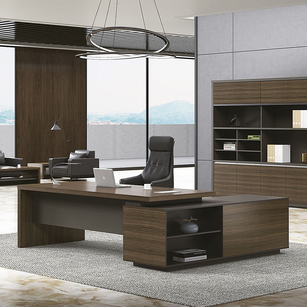 Bàn giám đốc hiện đại 2m chữ L, chân gỗ kèm tủ phụ DKBGDHD42