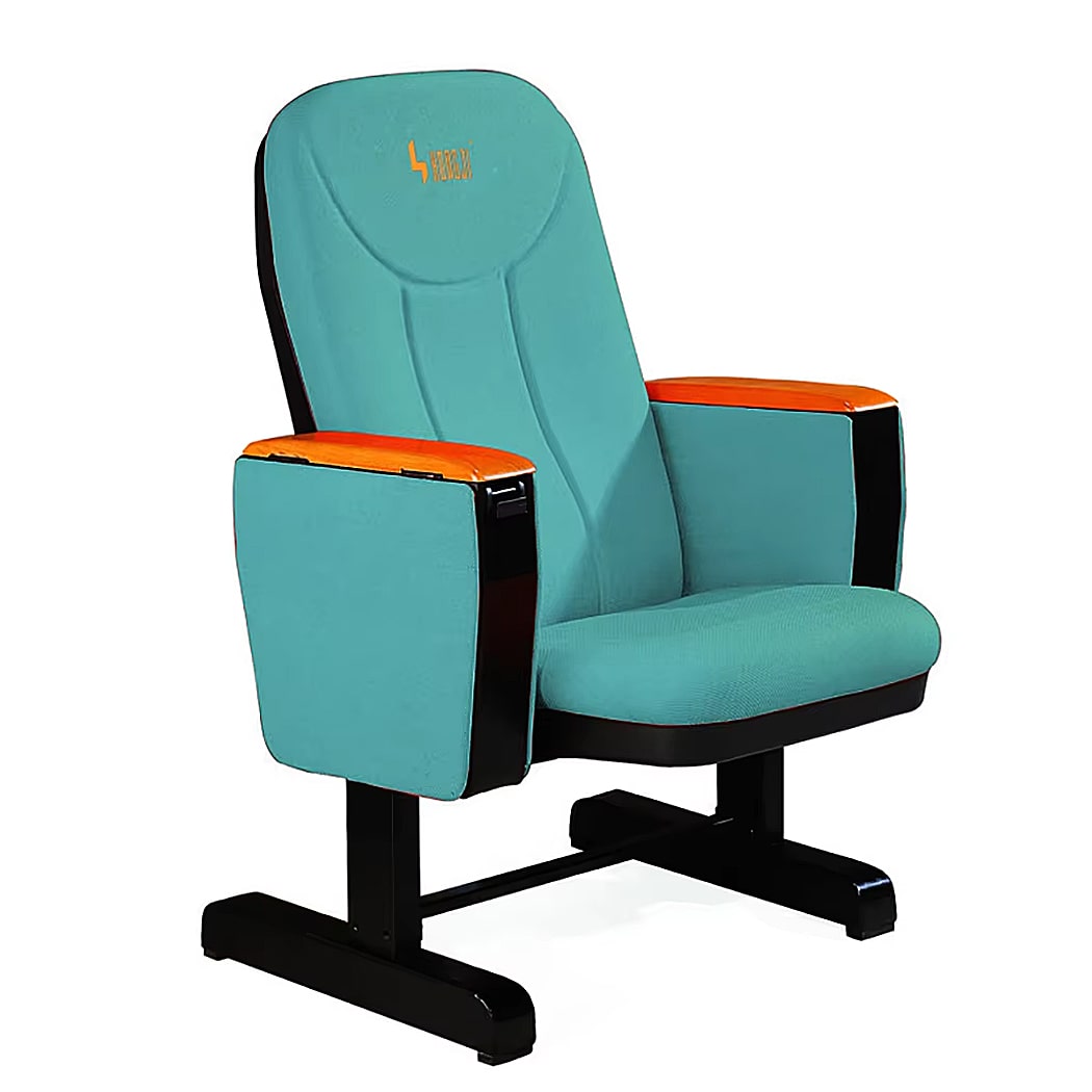 Ghế hội trường bọc nỉ, chân thép bám sàn, tay vịn ốp gỗ kèm bàn viết HJ09B