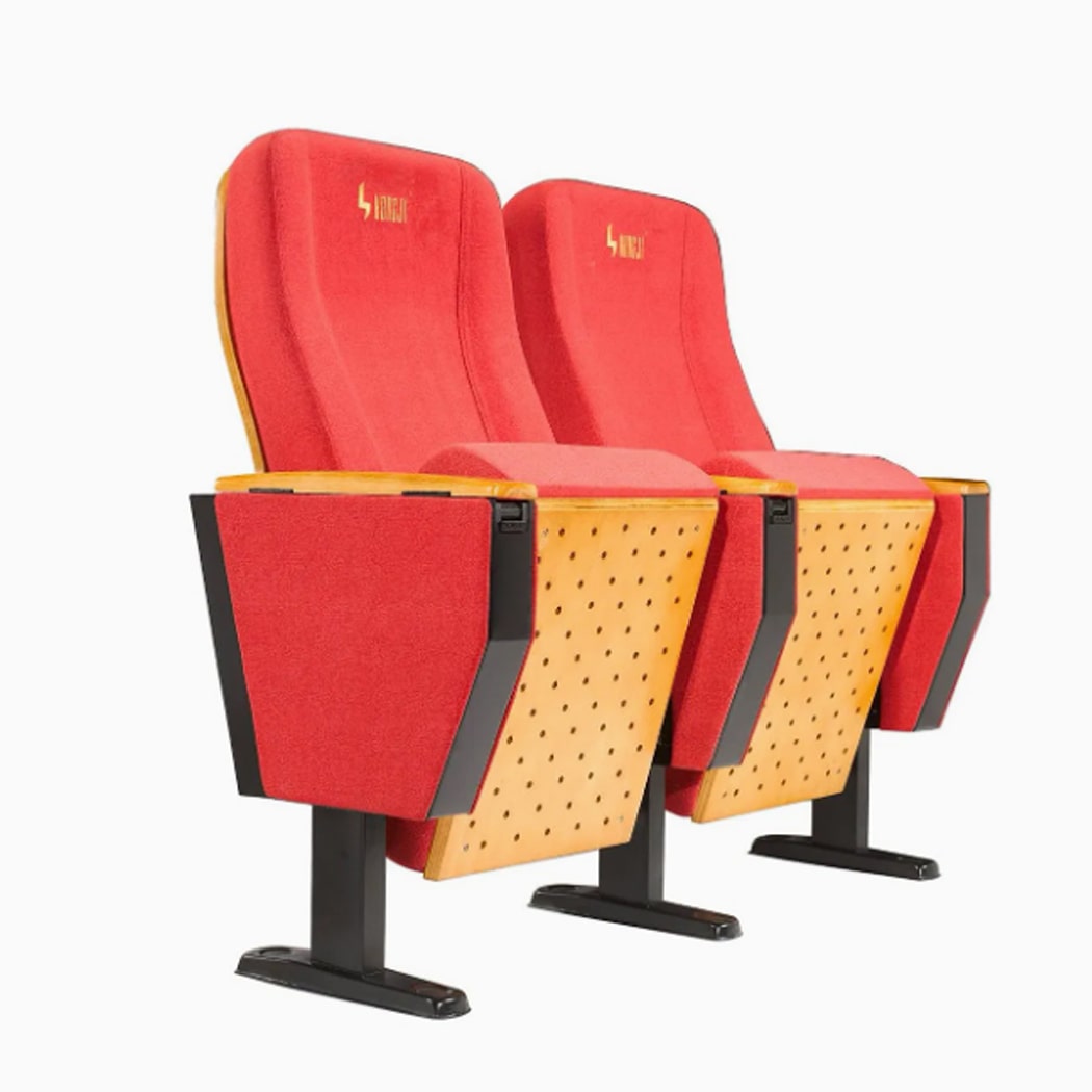 Ghế hội trường bọc nỉ nhập khẩu tay vịn ốp gỗ, chân thép bám sàn HJ62B