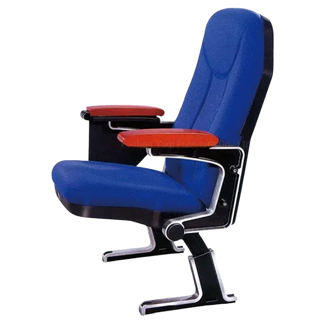 Ghế hội trường nhập khẩu bọc nỉ xanh, tay vịn ốp gỗ tự nhiên có bàn viết HJ35