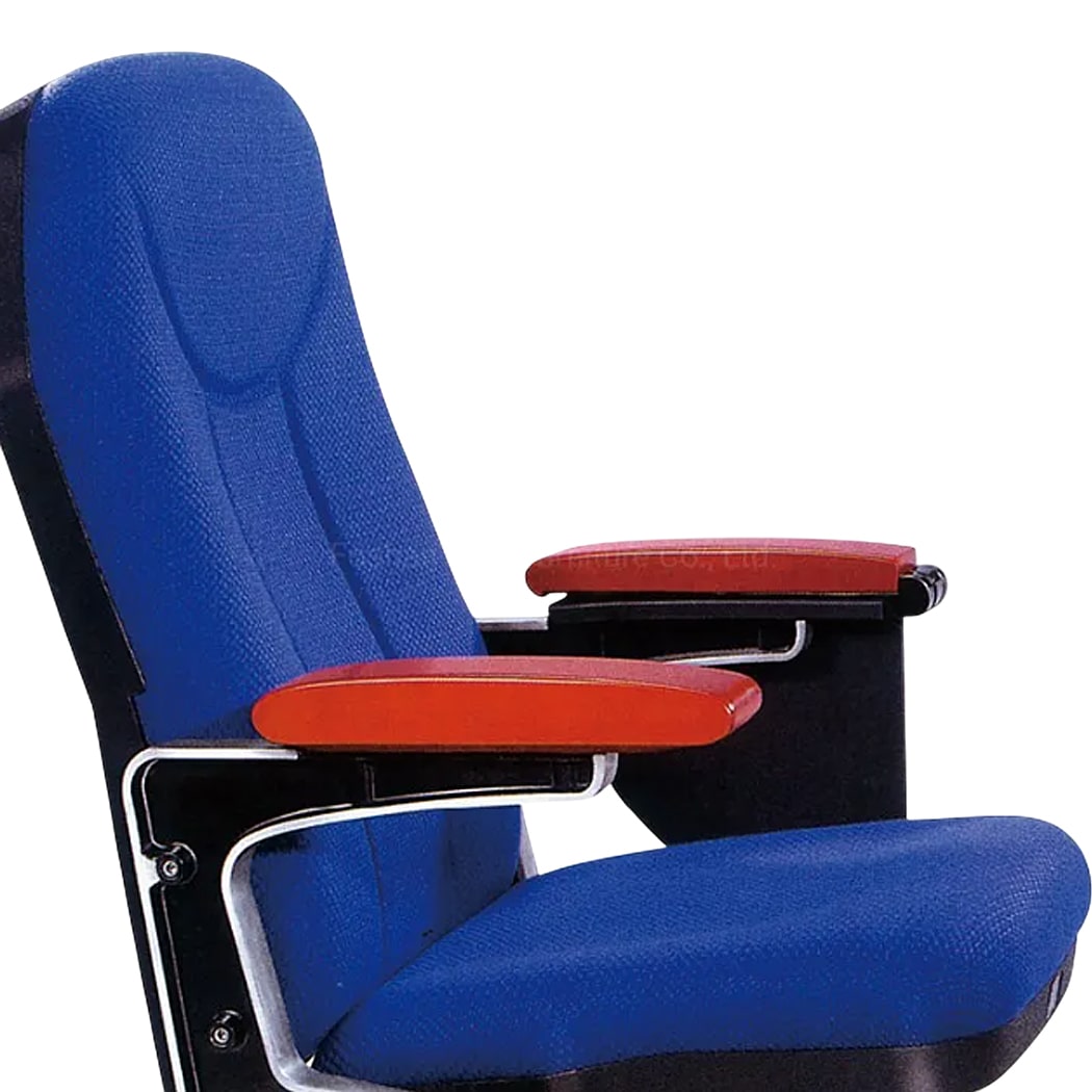 Ghế hội trường nhập khẩu bọc nỉ xanh, tay vịn ốp gỗ tự nhiên có bàn viết HJ35