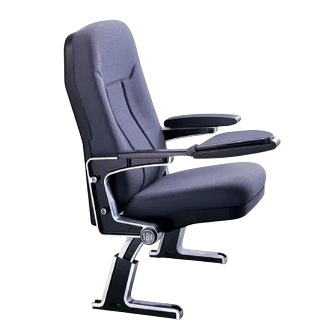 Ghế hội trường nhập khẩu bọc nỉ xanh, tay vịn ốp gỗ tự nhiên có bàn viết HJ35