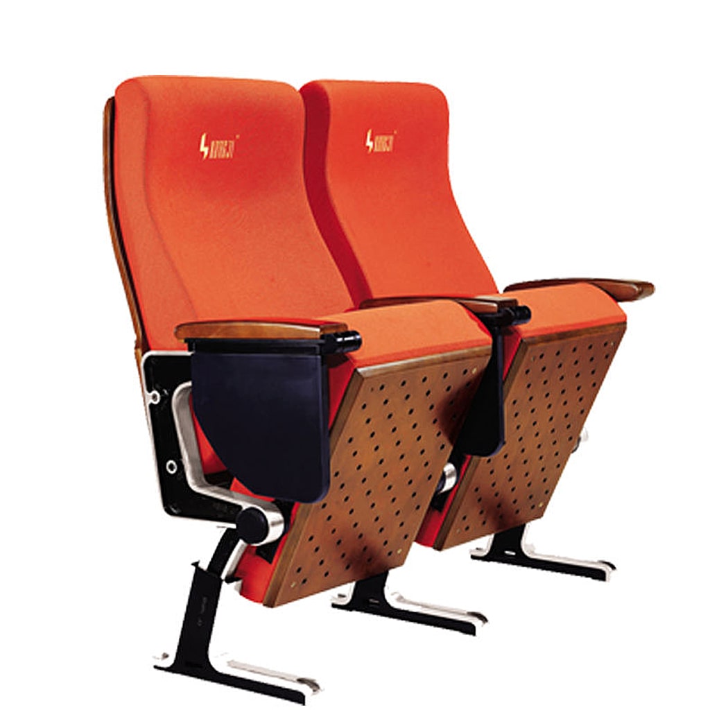 Ghế hội trường nhập khẩu có bàn viết, ốp gỗ tự nhiên tay vịn, khung nhôm HJ84