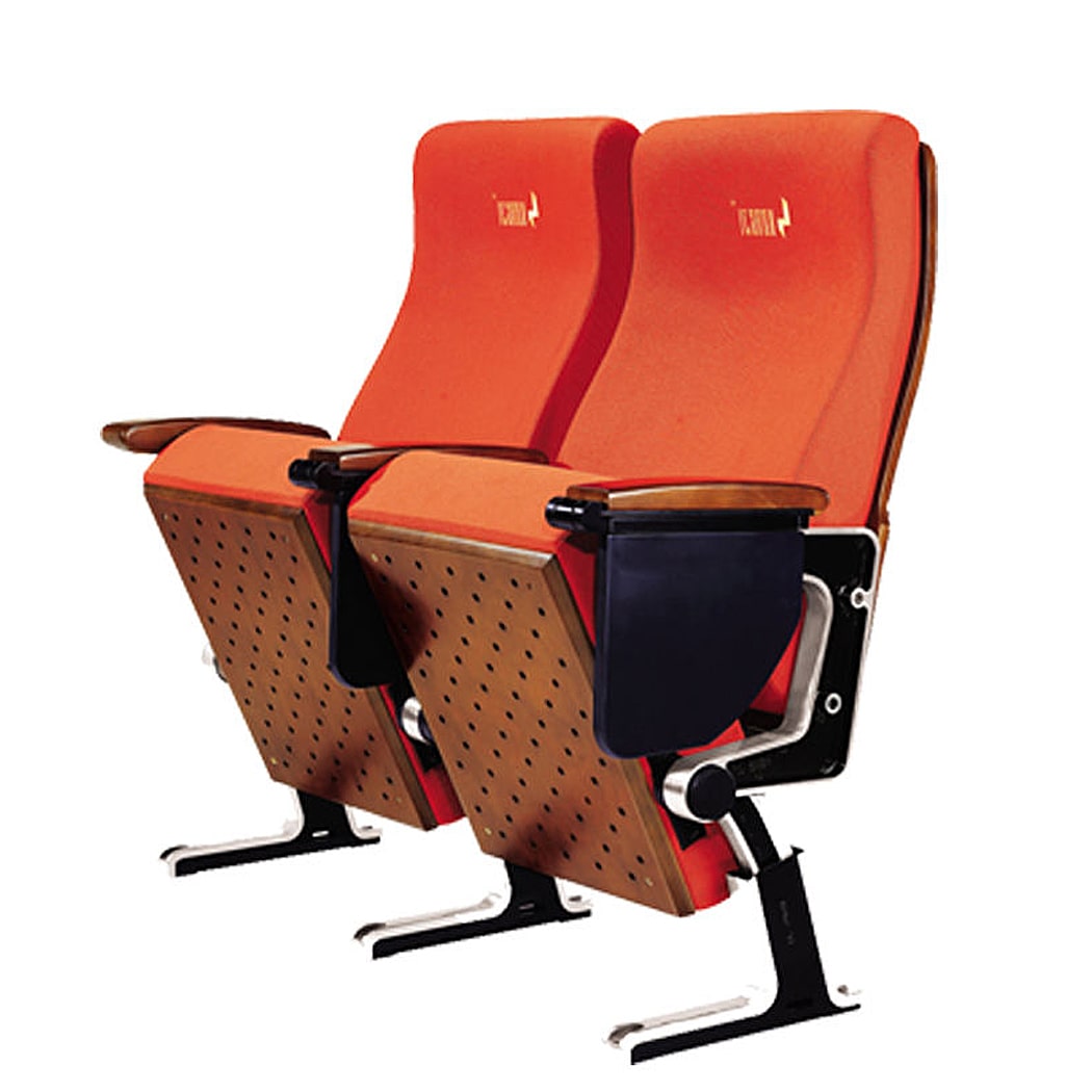 Ghế hội trường nhập khẩu có bàn viết, ốp gỗ tự nhiên tay vịn, khung nhôm HJ84