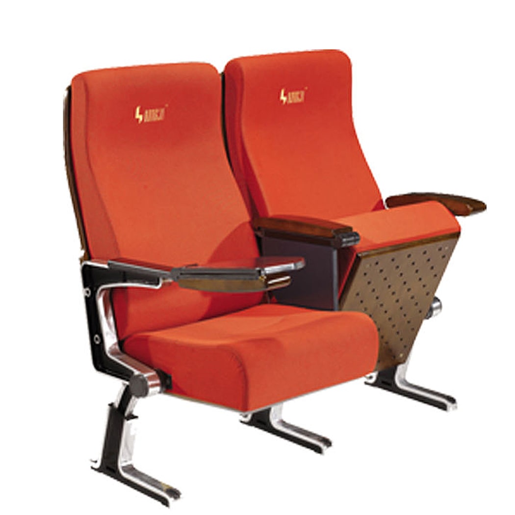 Ghế hội trường nhập khẩu có bàn viết, ốp gỗ tự nhiên tay vịn, khung nhôm HJ84