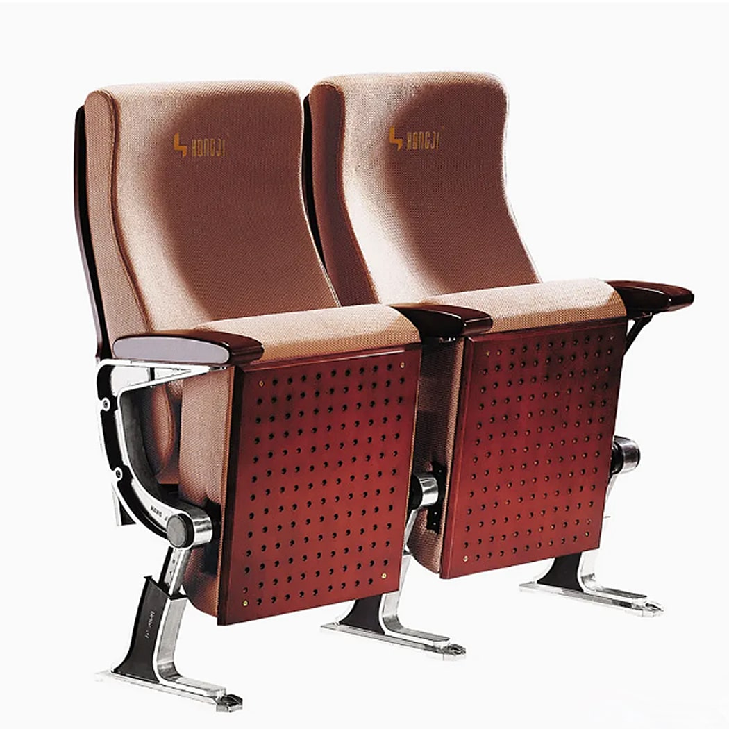 Ghế hội trường bọc nỉ hồng pastel, khung nhôm đúc, tay vịn ốp gỗ HJ88B