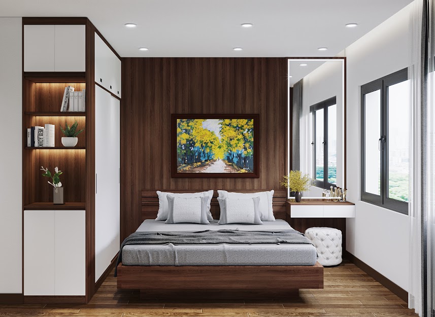 Không gian phòng ngủ chung cư Ngoại Giao Đoàn đã trở nên tươi sáng hơn bao giờ hết với việc thiết kế nội thất theo màu sắc nội thất mới lạ. Điều đó giúp không gian nghỉ ngơi của bạn trở nên thư giãn và sảng khoái hơn sau một ngày làm việc căng thẳng.