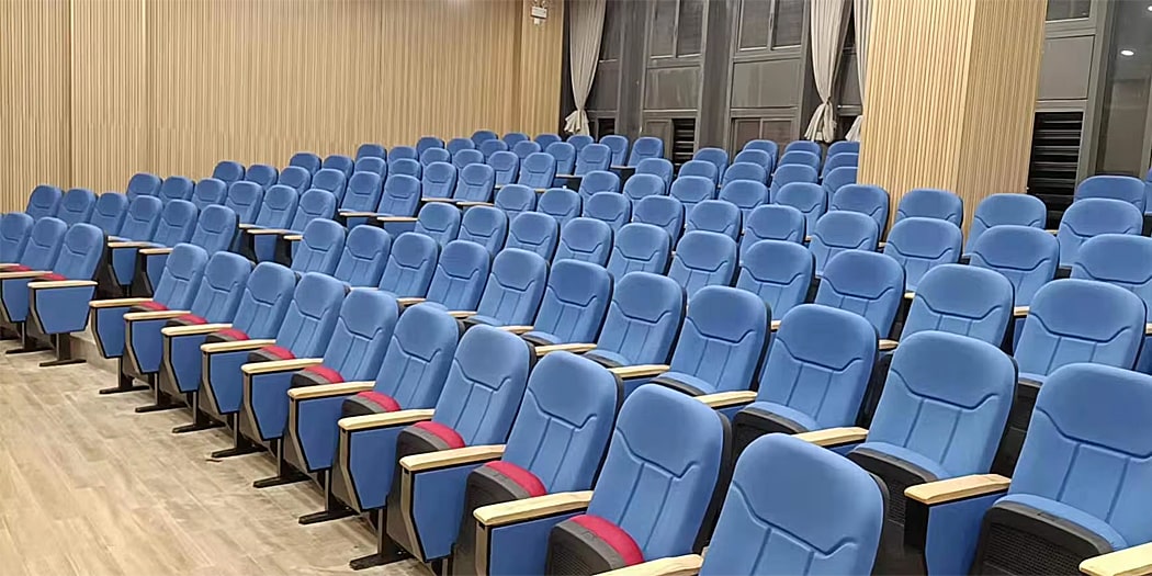 Ghế hội trường nhập khẩu kèm bàn viết, tay vịn ốp gỗ, đệm mút bọc nỉ xanh WH512-1 Ghế hội trường nhập khẩu kèm bàn viết, tay vịn ốp gỗ, đệm mút bọc nỉ xanh WH512-1