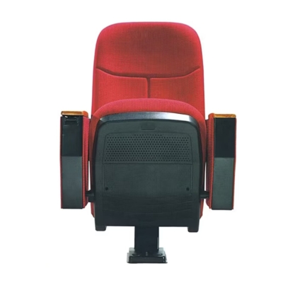 Ghế hội trường chân trụ bám sàn, đệm mút đúc lạnh bọc nỉ, tay vịn ốp gỗ kèm bàn viết tiện lợi