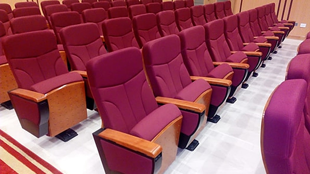 Ghế hội trường chân trụ bám sàn, tay vịn ốp gỗ, đệm mút bọc nỉ xanh kèm bàn viết HJ9126-A Ghế hội trường chân trụ bám sàn, tay vịn ốp gỗ, đệm mút bọc nỉ xanh kèm bàn viết HJ9126-A