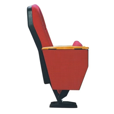 Ghế hội trường chân trụ bám sàn, đệm mút đúc lạnh bọc nỉ, tay vịn ốp gỗ kèm bàn viết tiện lợi