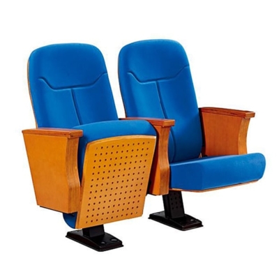 Ghế hội trường chân trụ bám sàn, đệm mút đúc lạnh bọc nỉ, tay vịn ốp gỗ kèm bàn viết tiện lợi