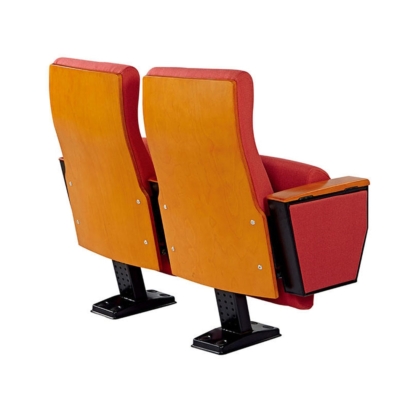 Ghế hội trường chân trụ bám sàn, đệm mút đúc lạnh bọc nỉ, tay vịn ốp gỗ kèm bàn viết tiện lợi