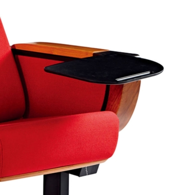 Ghế hội trường chân trụ bám sàn, đệm mút đúc lạnh bọc nỉ, tay vịn ốp gỗ kèm bàn viết tiện lợi