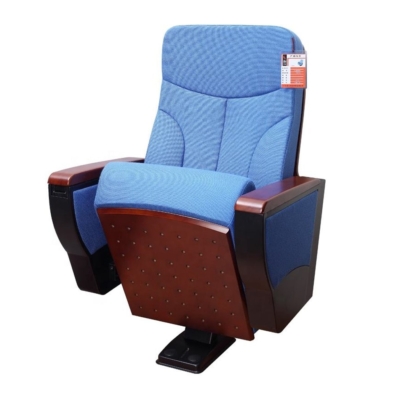 Ghế hội trường chân trụ bám sàn, đệm mút đúc lạnh bọc nỉ, tay vịn ốp gỗ kèm bàn viết tiện lợi