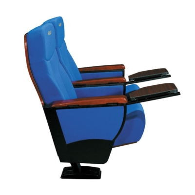 Ghế hội trường chân trụ bám sàn, đệm mút đúc lạnh bọc nỉ, tay vịn ốp gỗ kèm bàn viết tiện lợi