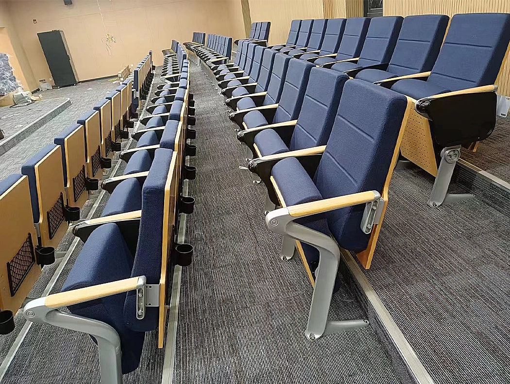 Ghế hội trường nhập khẩu có bàn viết, tay vịn ốp gỗ, chân nhôm đúc WH8025-1 Ghế hội trường nhập khẩu có bàn viết, tay vịn ốp gỗ, chân nhôm đúc WH8025-1