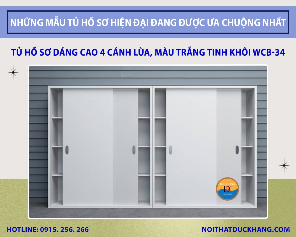 Tủ hồ sơ dáng cao 4 cánh lùa, màu trắng tinh khôi WCB-34 Tủ hồ sơ dáng cao 4 cánh lùa, màu trắng tinh khôi WCB-34