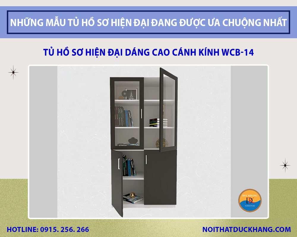 Tủ hồ sơ hiện đại dáng cao cánh kính, gỗ công nghiệp bền bỉ WCB-14 Tủ hồ sơ hiện đại dáng cao cánh kính, gỗ công nghiệp bền bỉ WCB-14