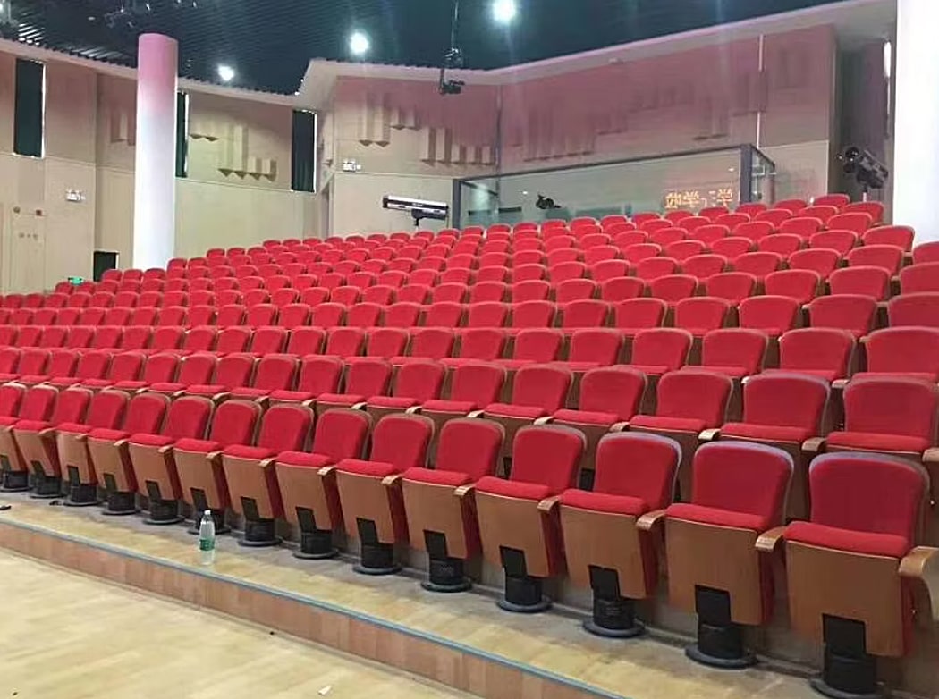 Ghế hội trường nhập khẩu khung gỗ, bọc nỉ đỏ, chân trụ bám sàn HJ801B Ghế hội trường nhập khẩu khung gỗ, bọc nỉ đỏ, chân trụ bám sàn HJ801B