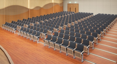 Ghế hội trường nhập khẩu chân nhôm đúc kiểu dáng chữ Z độc đáo, tay vịn ốp gỗ kèm bàn viết