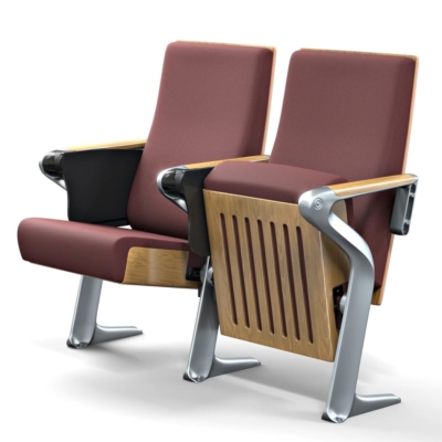 Ghế hội trường nhập khẩu chân nhôm đúc kiểu dáng chữ Z độc đáo, tay vịn ốp gỗ kèm bàn viết