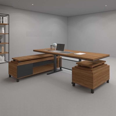 Bàn giám đốc 2m chữ L chân sắt, kèm tủ phụ Axis DKFBGD52