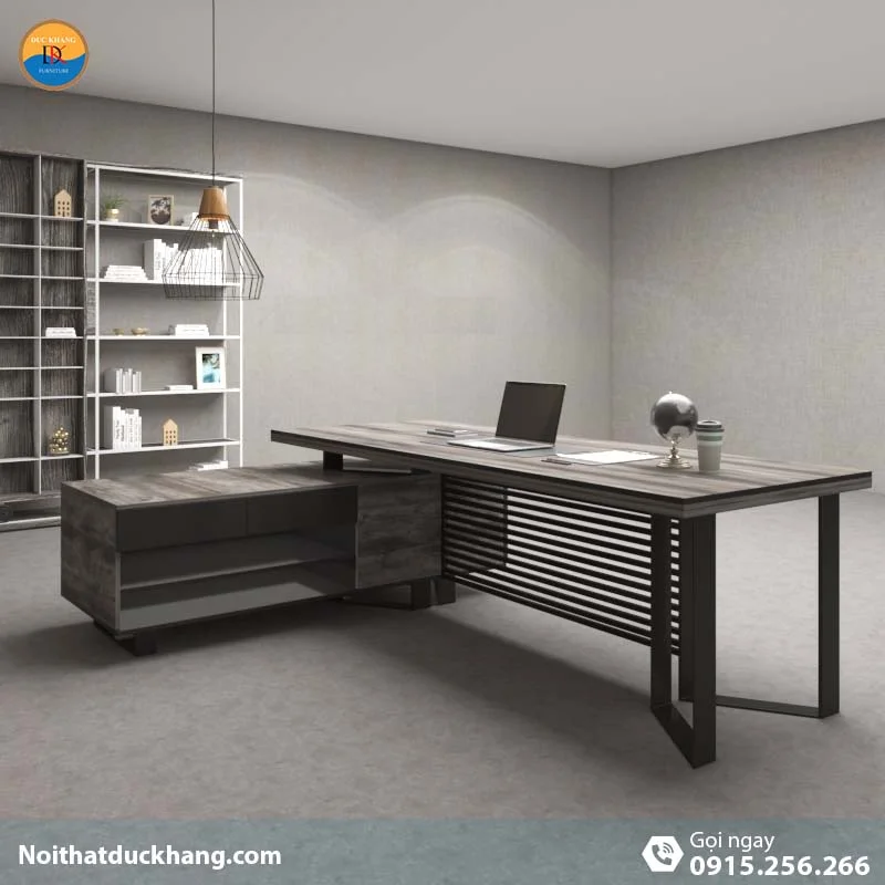DKFBGD66-B | Bàn giám đốc Czar dáng chữ L chân sắt màu đen kèm tủ tài liệu