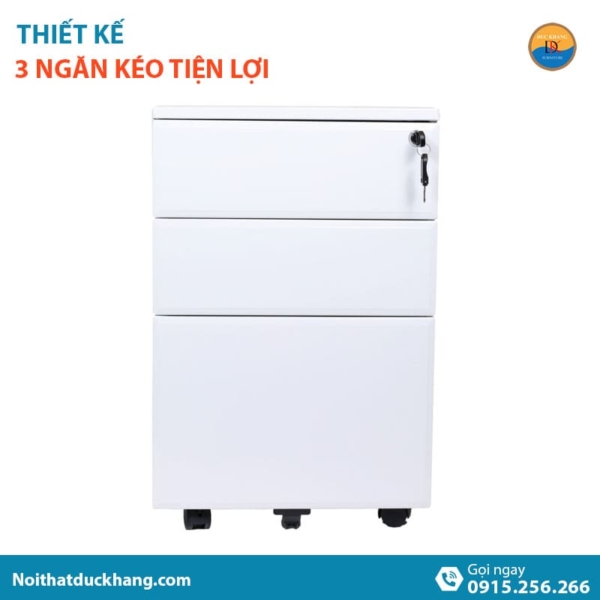 WHD-03 | Hộc tủ tài liệu di động màu trắng, 3 ngăn rộng rãi