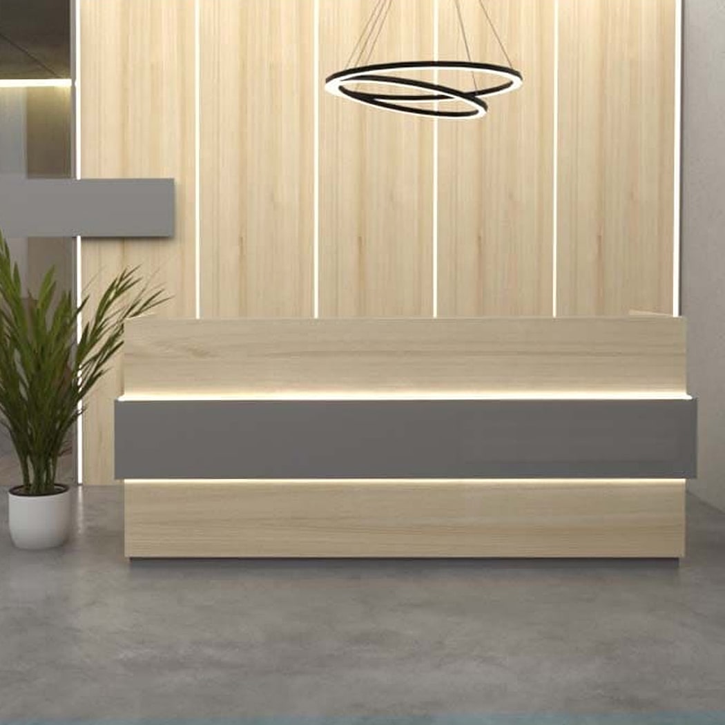 Quầy lễ tân chữ U màu xám, có đèn LED trang trí đẹp mắt Ibex DKFQLT36-G