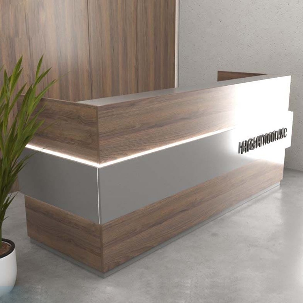 Quầy lễ tân chữ U màu xám, có đèn LED trang trí đẹp mắt Ibex DKFQLT36-G