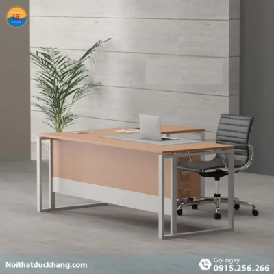 DKFBGD79-W | Bàn làm việc giám đốc Apple dáng chữ L chân sắt trắng kèm hộc di động