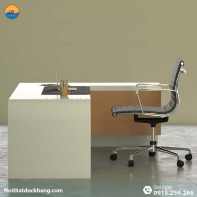 DKFBGD81 | Bàn làm việc giám đốc Queen dáng chữ L màu trắng kèm tủ tài liệu
