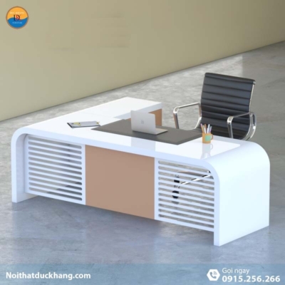 DKFBGD81 | Bàn làm việc giám đốc Queen dáng chữ L màu trắng kèm tủ tài liệu