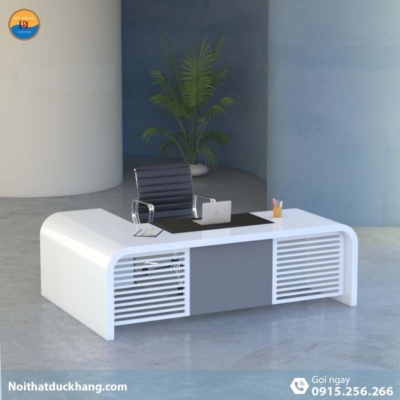 DKFBGD81 | Bàn làm việc giám đốc Queen dáng chữ L màu trắng kèm tủ tài liệu