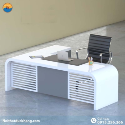 DKFBGD81 | Bàn làm việc giám đốc Queen dáng chữ L màu trắng kèm tủ tài liệu