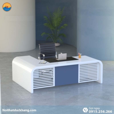 DKFBGD81 | Bàn làm việc giám đốc Queen dáng chữ L màu trắng kèm tủ tài liệu