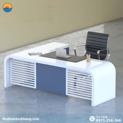 DKFBGD81 | Bàn làm việc giám đốc Queen dáng chữ L màu trắng kèm tủ tài liệu