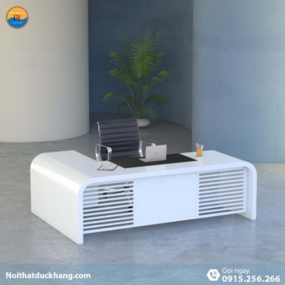 DKFBGD81 | Bàn làm việc giám đốc Queen dáng chữ L màu trắng kèm tủ tài liệu