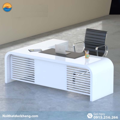 DKFBGD81 | Bàn làm việc giám đốc Queen dáng chữ L màu trắng kèm tủ tài liệu