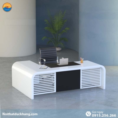 DKFBGD81 | Bàn làm việc giám đốc Queen dáng chữ L màu trắng kèm tủ tài liệu