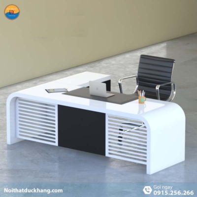 DKFBGD81 | Bàn làm việc giám đốc Queen dáng chữ L màu trắng kèm tủ tài liệu