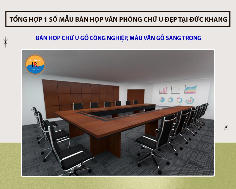 Bàn họp chữ U gỗ công nghiệp, màu vân gỗ sang trọng