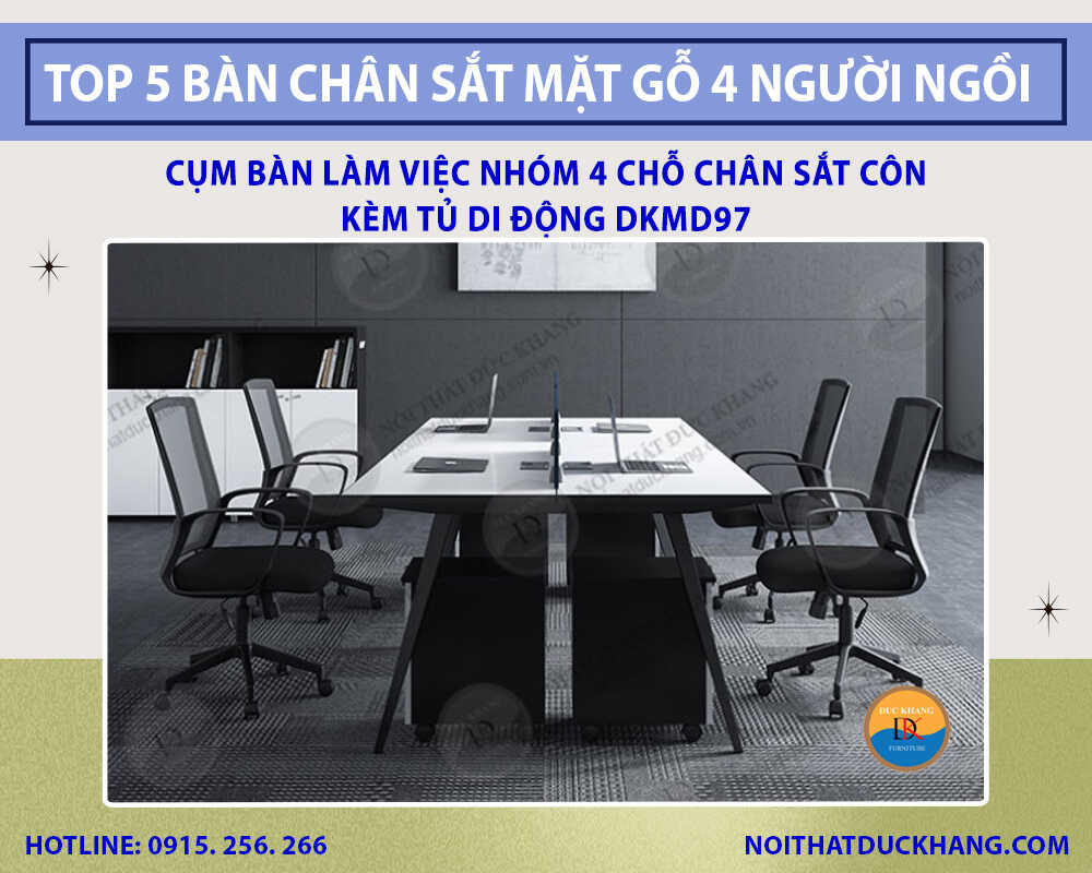 Cụm bàn làm việc nhóm 4 chỗ chân sắt côn kèm tủ di động DKMD97 Cụm bàn làm việc nhóm 4 chỗ chân sắt côn kèm tủ di động DKMD97