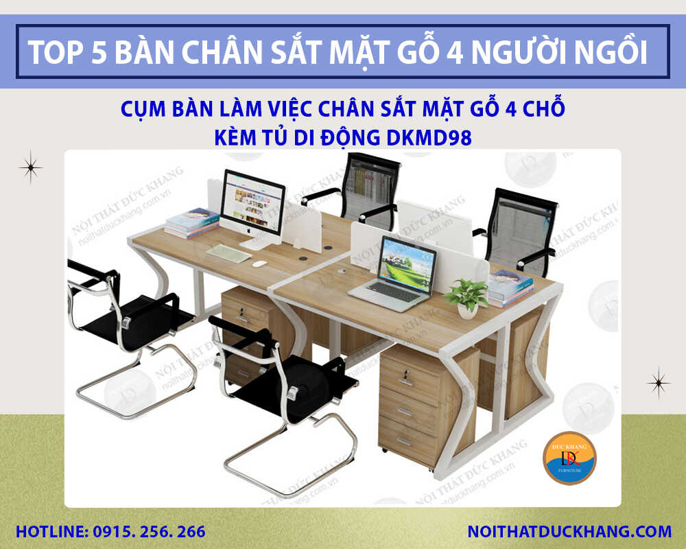 Cụm bàn làm việc chân sắt mặt gỗ 4 chỗ kèm tủ di động DKMD98 Cụm bàn làm việc chân sắt mặt gỗ 4 chỗ kèm tủ di động DKMD98
