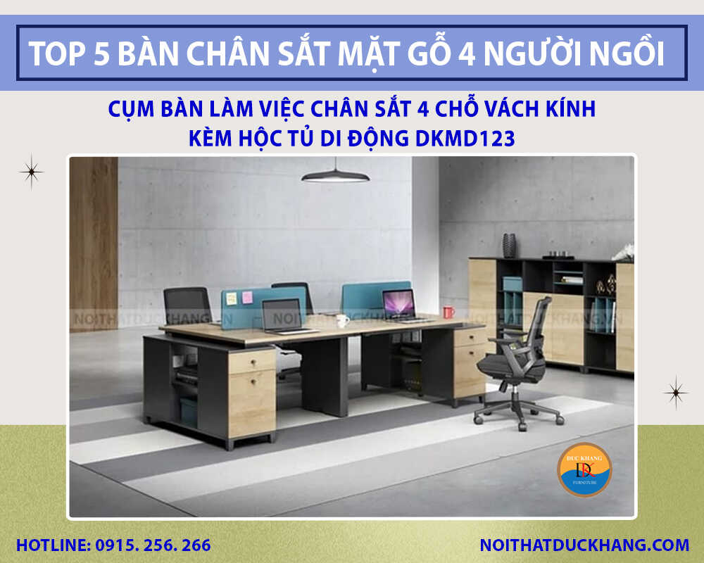 Cụm bàn làm việc chân sắt 4 chỗ vách kính kèm hộc tủ di động DKMD123 Cụm bàn làm việc chân sắt 4 chỗ vách kính kèm hộc tủ di động DKMD123