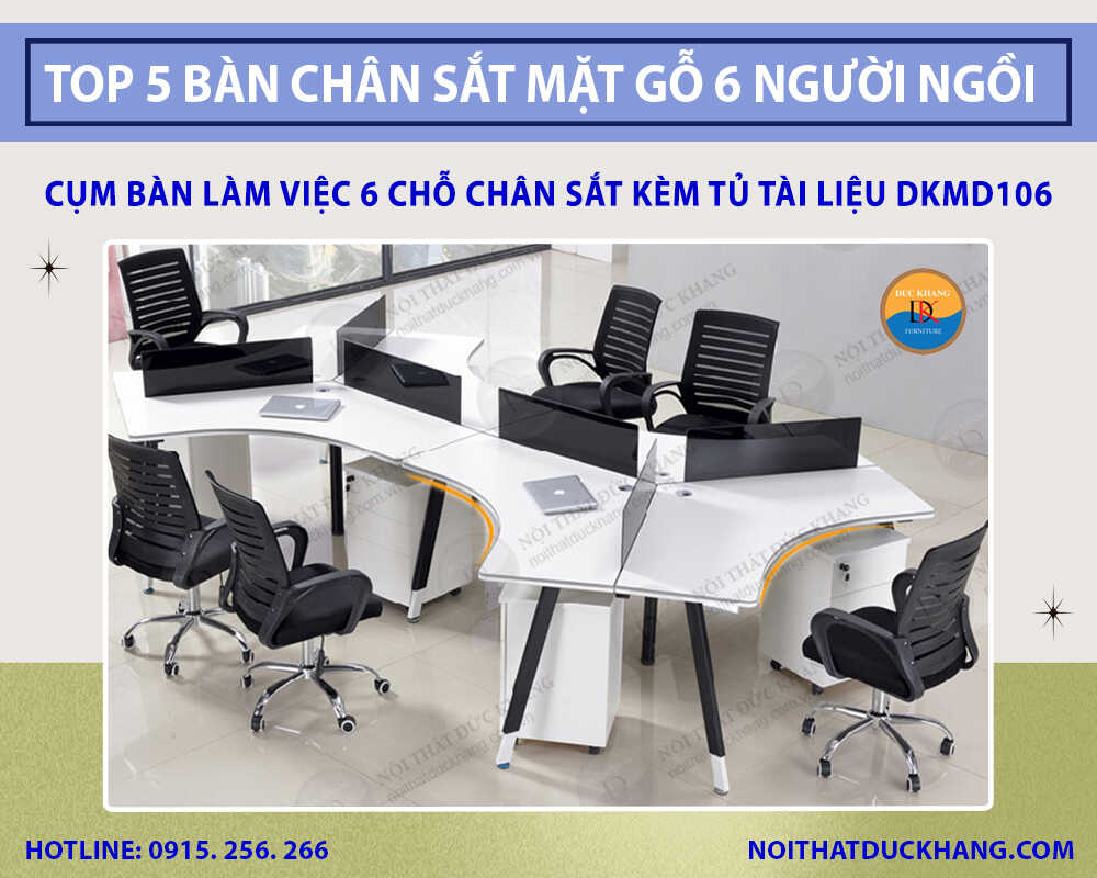Cụm bàn làm việc 6 chỗ chân sắt kèm tủ tài liệu DKMD106 Cụm bàn làm việc 6 chỗ chân sắt kèm tủ tài liệu DKMD106
